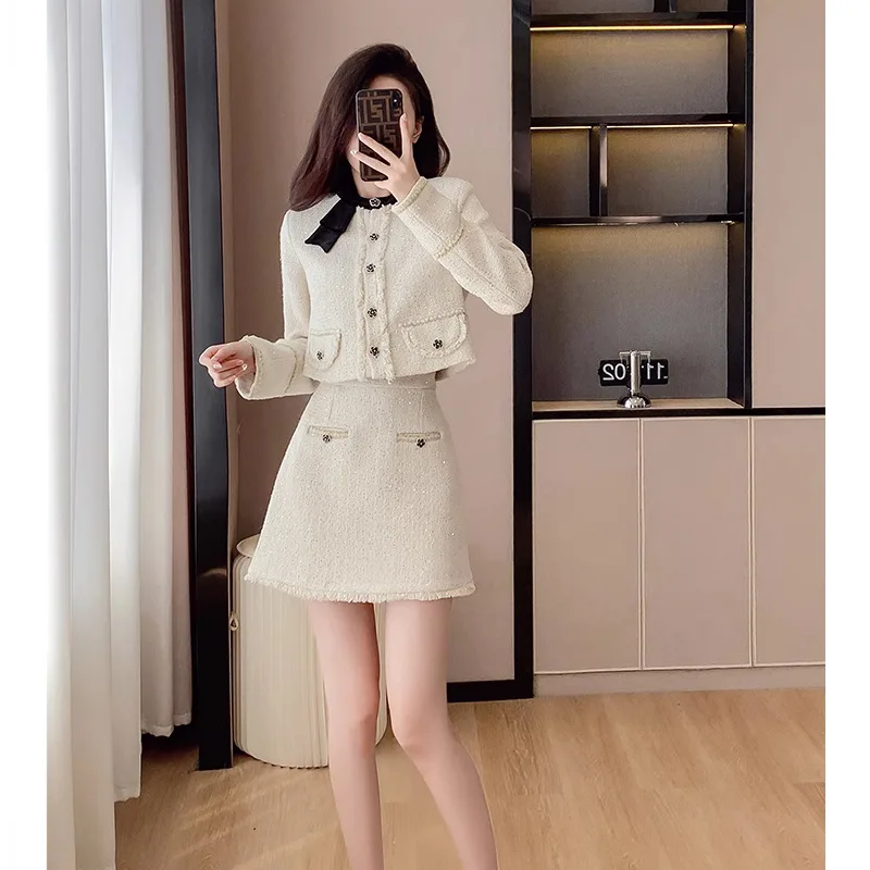 Women's tweed 2-pcs set apricot long sleeved round neck jacket+skirt 2024 new spring/autumn small fragrance style set