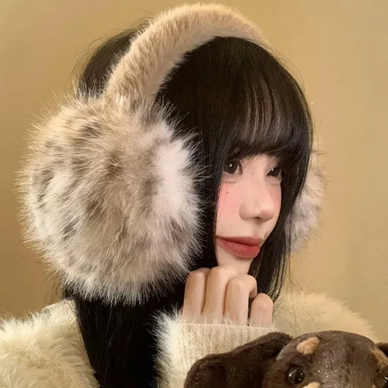 新しいファッションコーヒーヒョウ柄毛皮のようなイヤーマフ女性のための冬秋韓国ぬいぐるみ多用途厚みのあるソフト暖かいサイクリングイヤーマフ