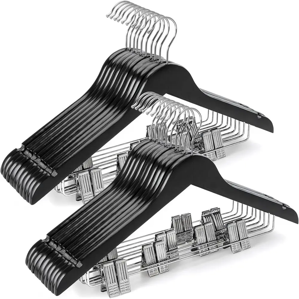 

Регулируемые металлические вешалки для костюмов с деревянными элементами, 360 ° Вращающиеся вешалки премиум-класса для одежды, брюк, джинсов, блузок - 20 штук, черные