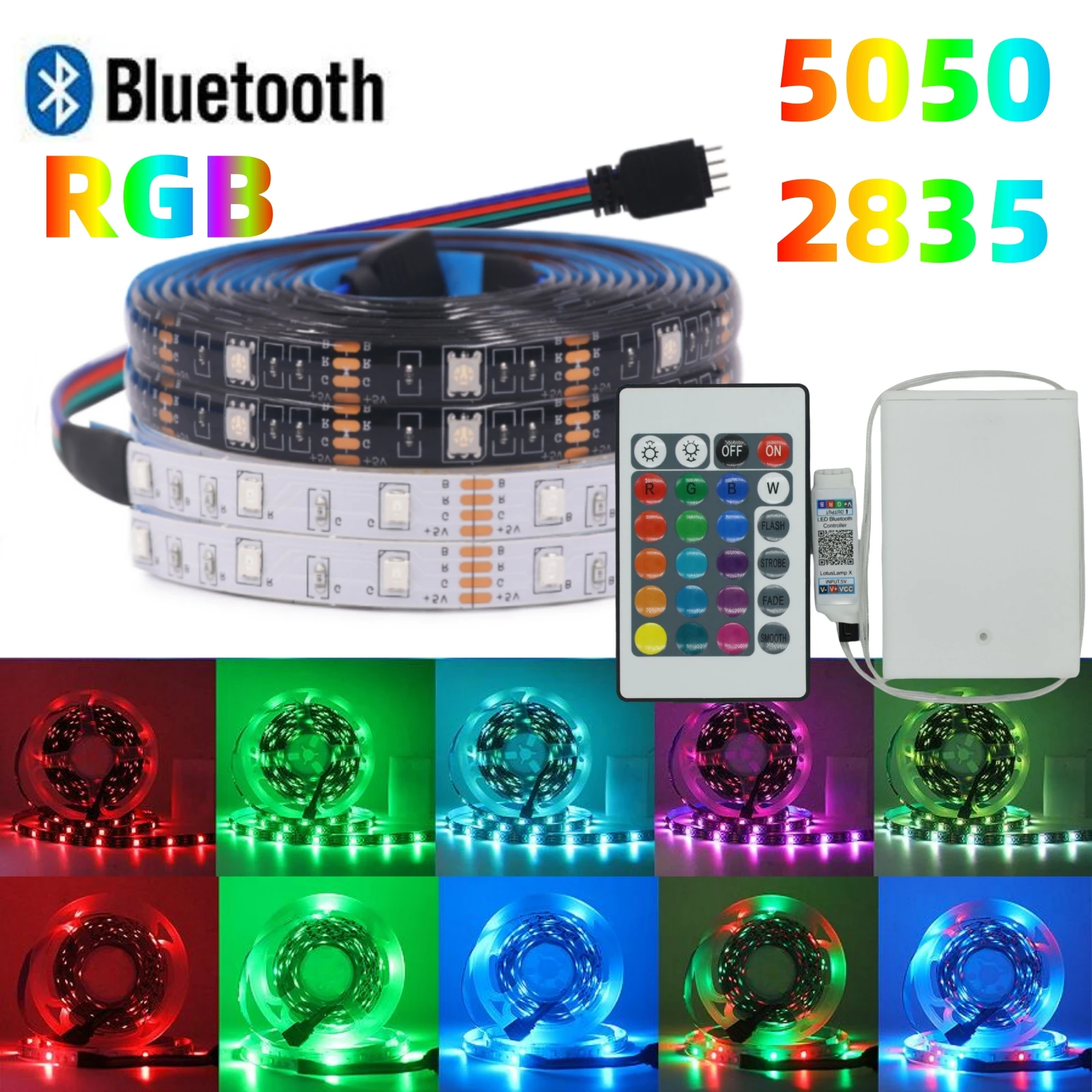 3AA Battery 5V RGB LED Strip 2835 5050SMD Bluetooth Flexible Lamp Tape Ribbon DIY TV BackLight With 24K IR Remote Control