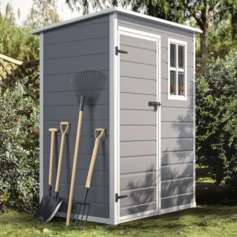 Outdoor storage shed for garden patio use, made of all-weather resin material, gray color, waterproof and lockable with floor a