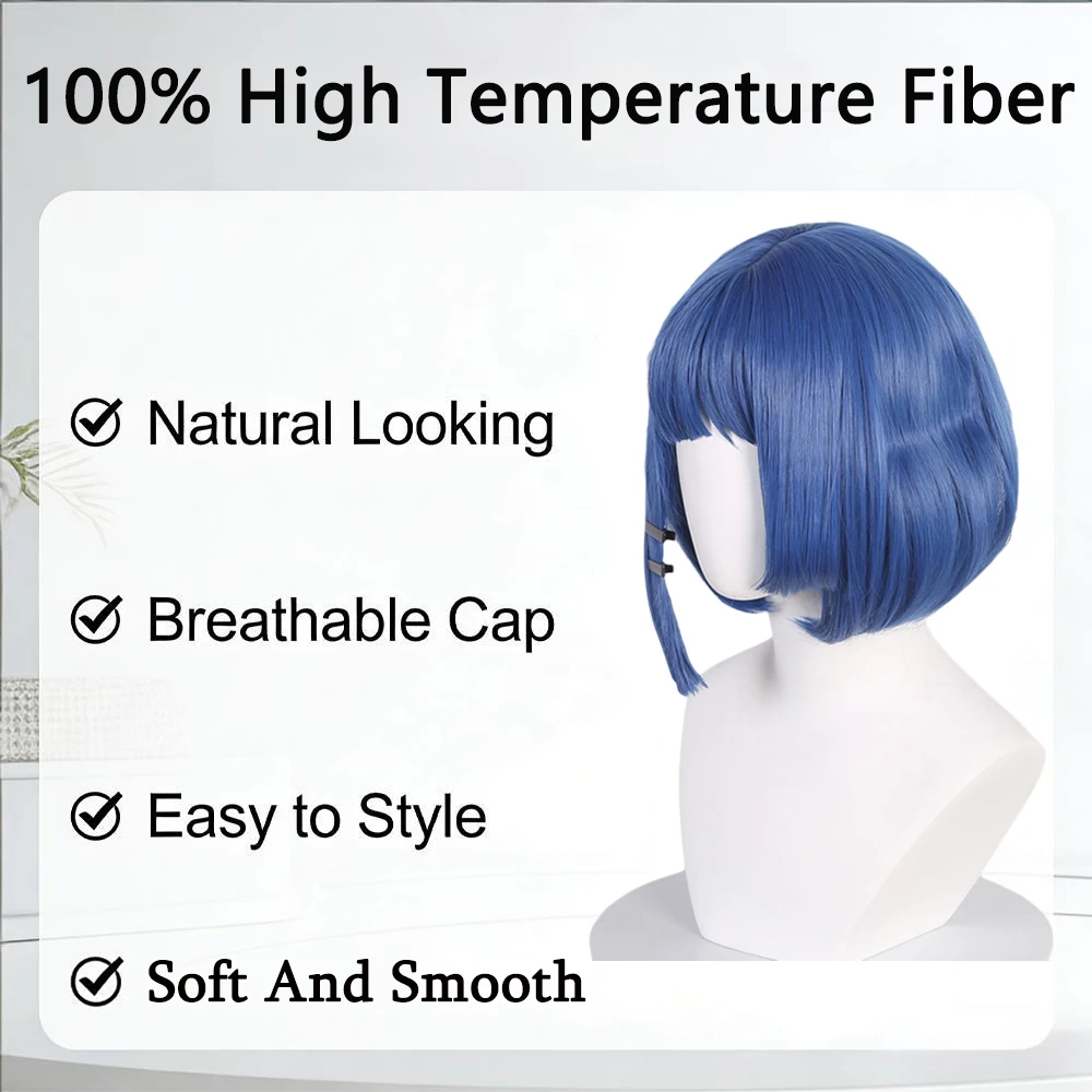 Blue Bob Short Wig for Women with Black Clips High Temp Fiber Natural Fluffy Straight Bangs Daily Versatile Face Slimming Trendy view 6