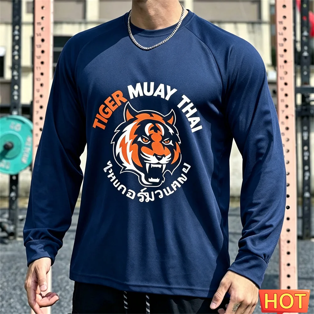 Camiseta de manga larga para hombre de Muay Thai, camiseta de algodón para hombre de otoño, camiseta elástica para Fitness, camiseta gráfica de entrenamiento, camiseta para correr