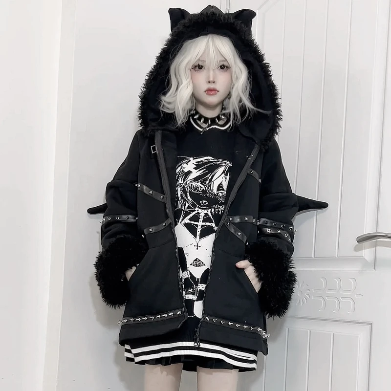 Japanese Lamb Hair Imitation Coat Autumn and Winter Women\'s Harajuku Punk Gothic Girls\' Black Loose Hoodie Sweatshirt