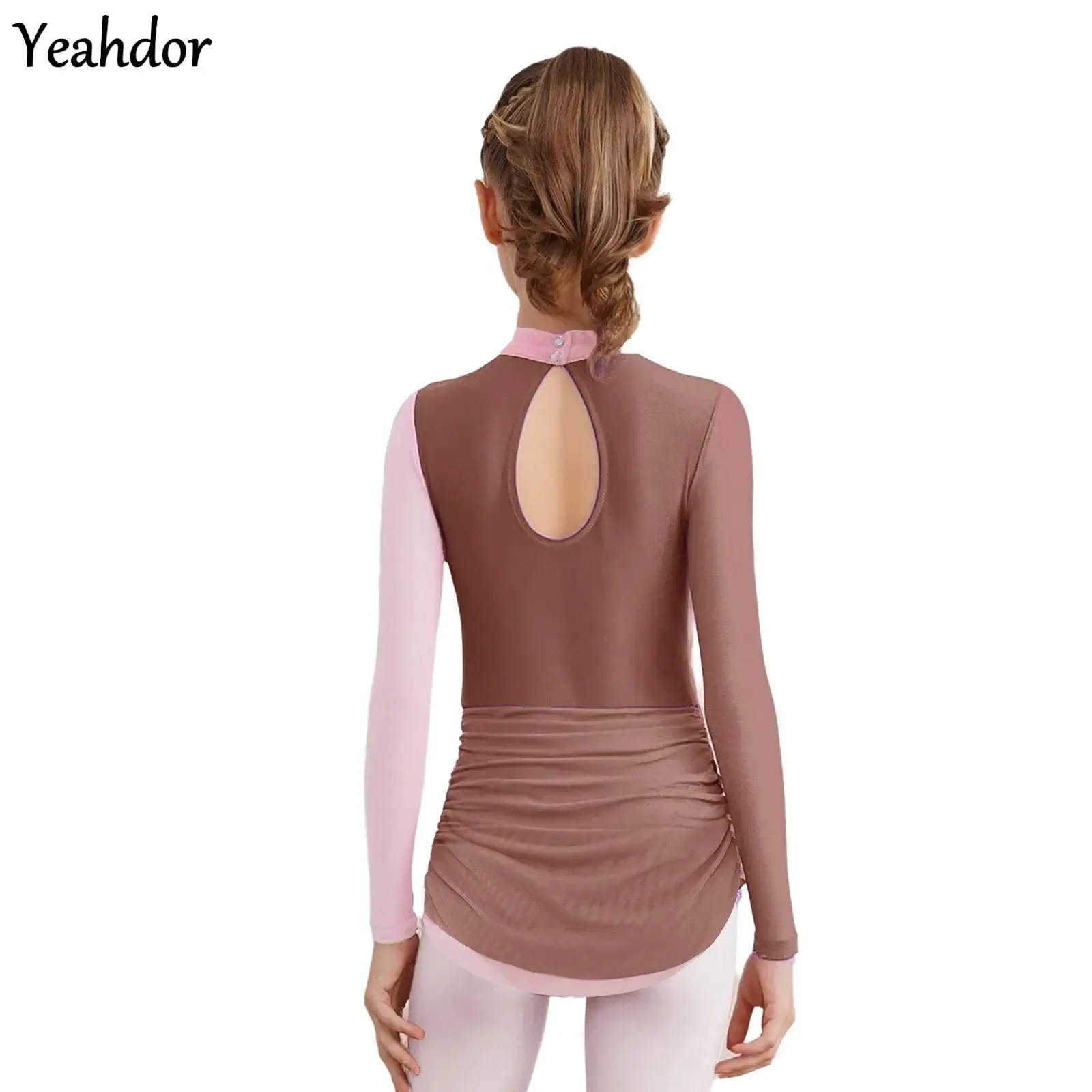 

Girls Figure Skating Dress Sheer Mesh Long Sleeves Applique Rhinestones Gymnastics Leotard Ballet Lyrical Dance Performance Wear