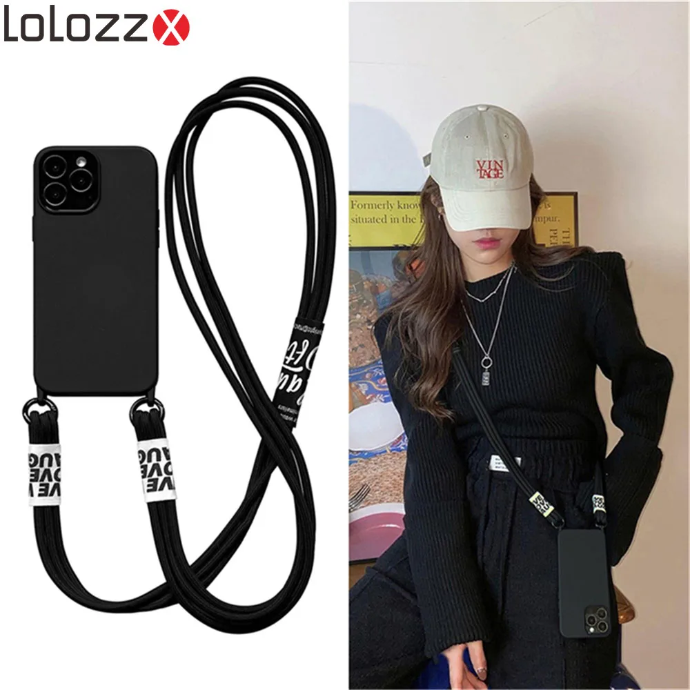 Cord Strap Lanyard Siliocne Phone Case For iPhone 15 14 13 12 11 Pro Max Mini XS X XR 7 8 15 Plus Crossbody Necklace Cover Coque