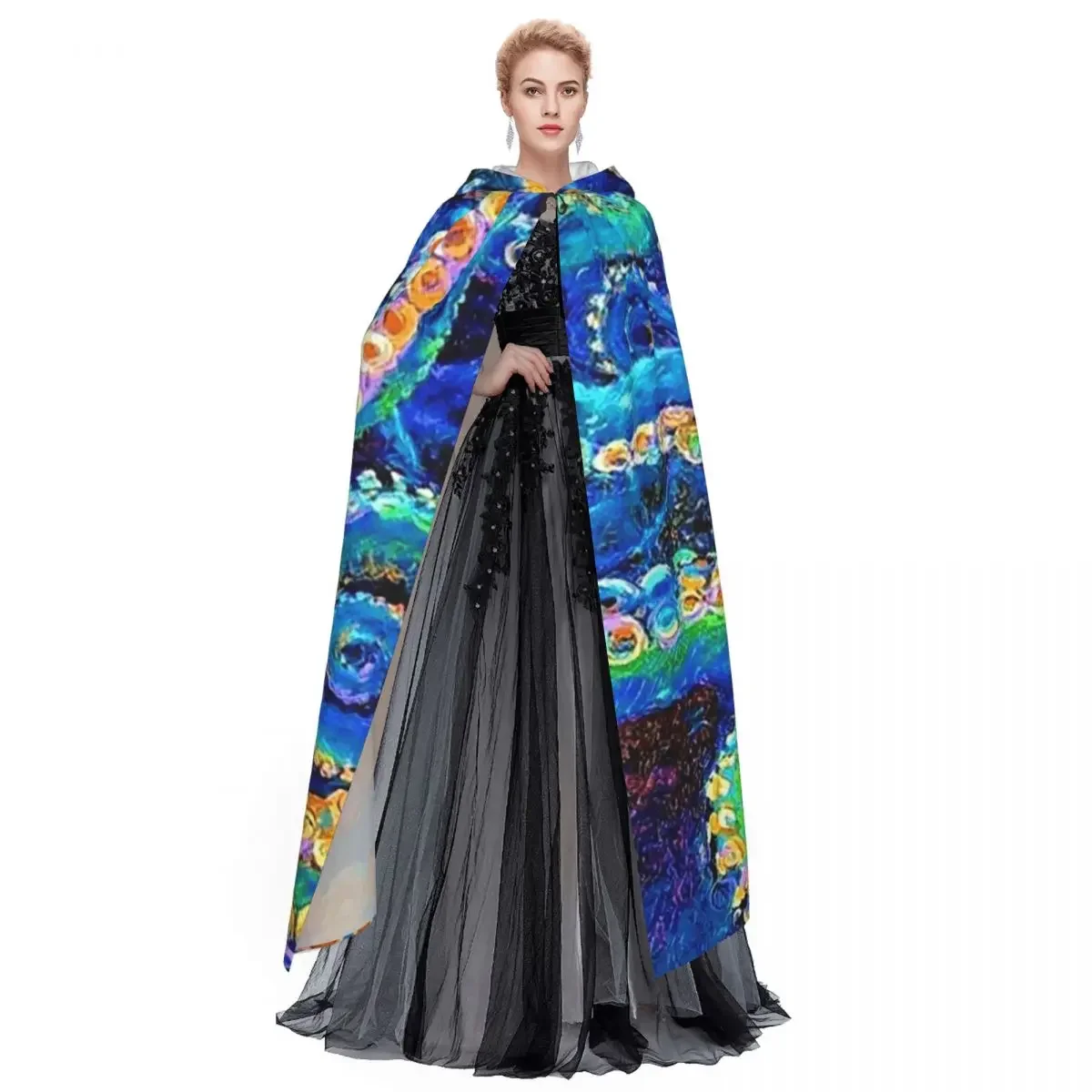 Custom Blue And White Octopus Tentacles Frame Long Hooded Cloak Witch Medieval Costume Cape HalloweenVampire Adult Unisex