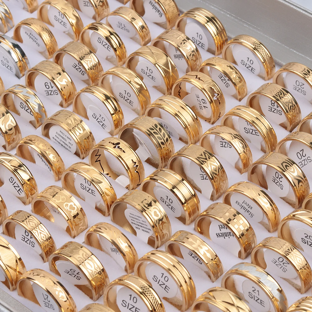 30 Pieces/Lot PVD Plating Hollow Stripe Carved Waterproof Stainless Steel Rings For Men and Women