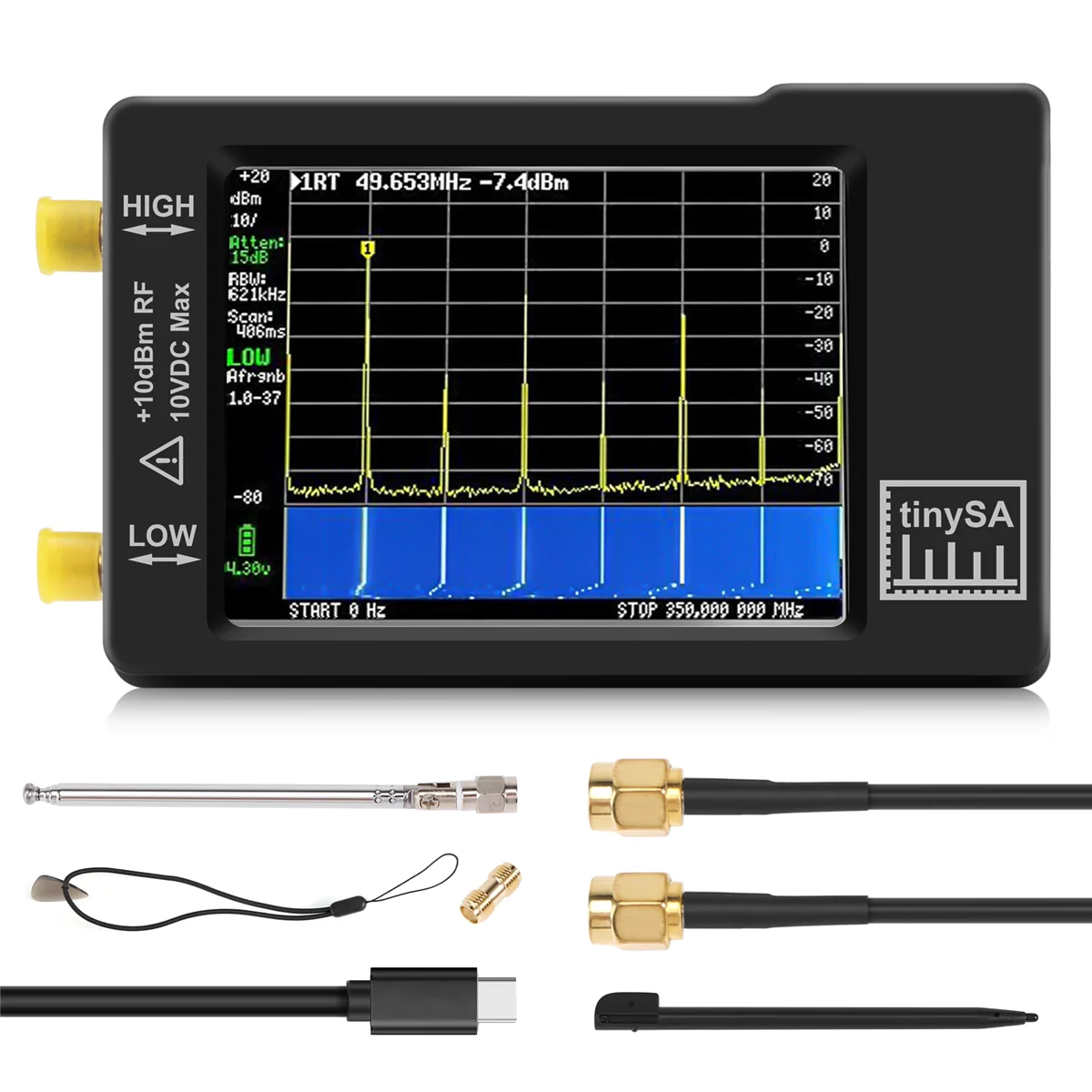 

Модернизированный анализатор спектра TinySA, вход MF/HF/VHF UHF для входа 0,1 МГц-350 МГц и UHF для 240 МГц-960 МГц, генератора сигналов