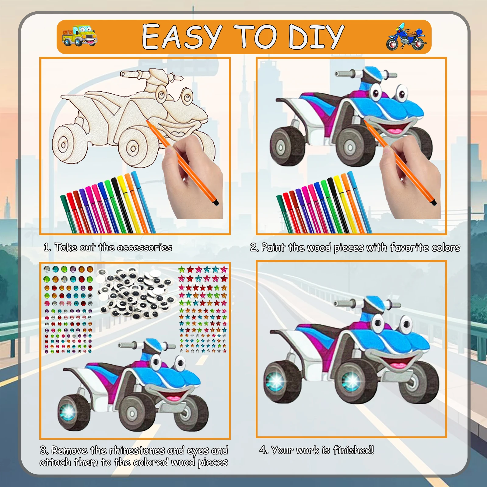 Conjunto de artesanato de 270 peças - Conjunto de transporte de madeira DIY, artesanato em madeira - artesanato criativo para festa de aniversário