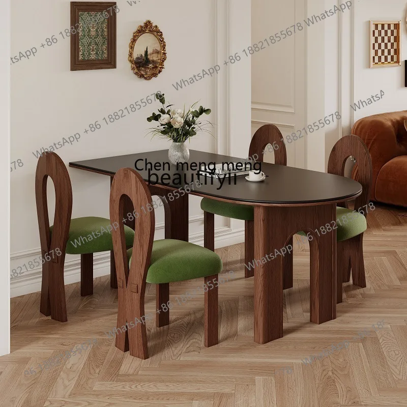 Vintage French Matte Stone Solid Wood Walnut Ash Half Round Wall-Mounted Island Dining Table and Chairs