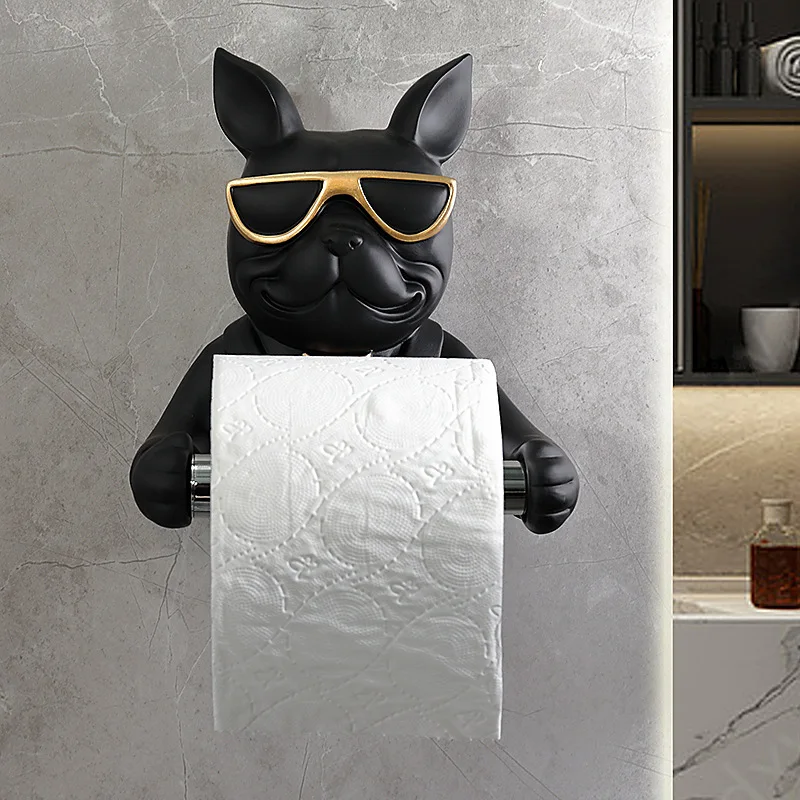 Resin Bulldog Figurine Roll Paper Tube Kitchen Bathroom Wall Hanging Perforated Multifunctional Tissue Holder