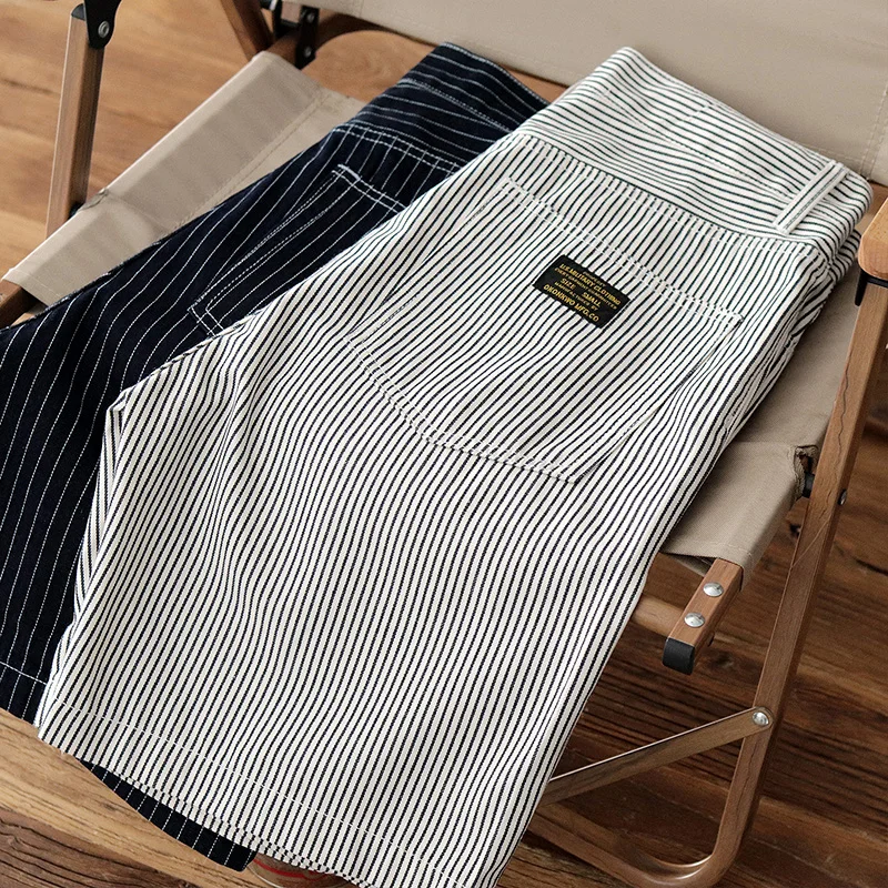 

Summer American Retro Denim Striped Tooling Shorts Men's Fashion 100% Cotton Washed Old Straight Loose Casual Five-point Pants