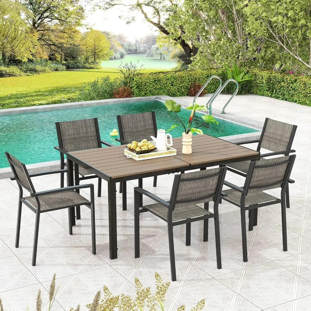 7 Piece Outdoor Dining Set, Patio Furniture Set w/ 6 Stackable Chairs & Large Rectangle Table, Dining Table Set for 6