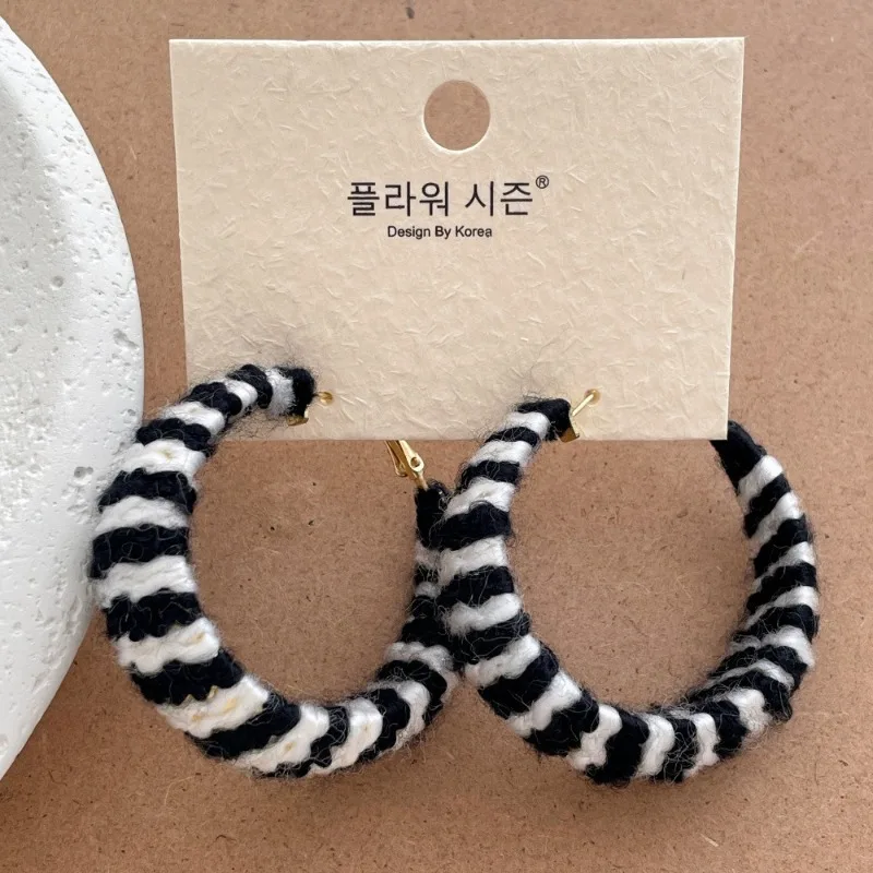 

Minar Stylish Black White Striped PU Leather Wool Yarn Chunky Circle Large Hoop Earrings for Women Holiday Wholesale Jewelry