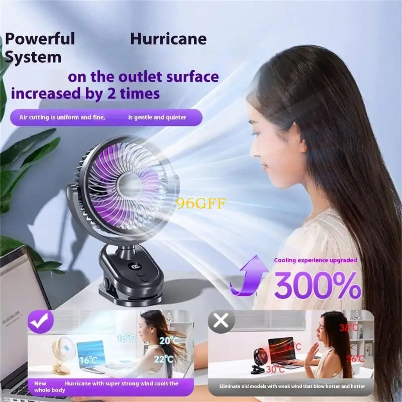 

96GF Digital Display Desktop Night Light Вентилятор 360 градусов Регулируемый зажим на вентилятором Office Fast Speed ​​Motating