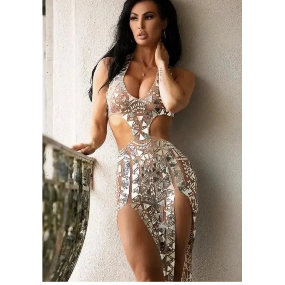 

High Quality Sequin Irregular Hemline Hollowed Waist Halter Cross Border Women's Wear