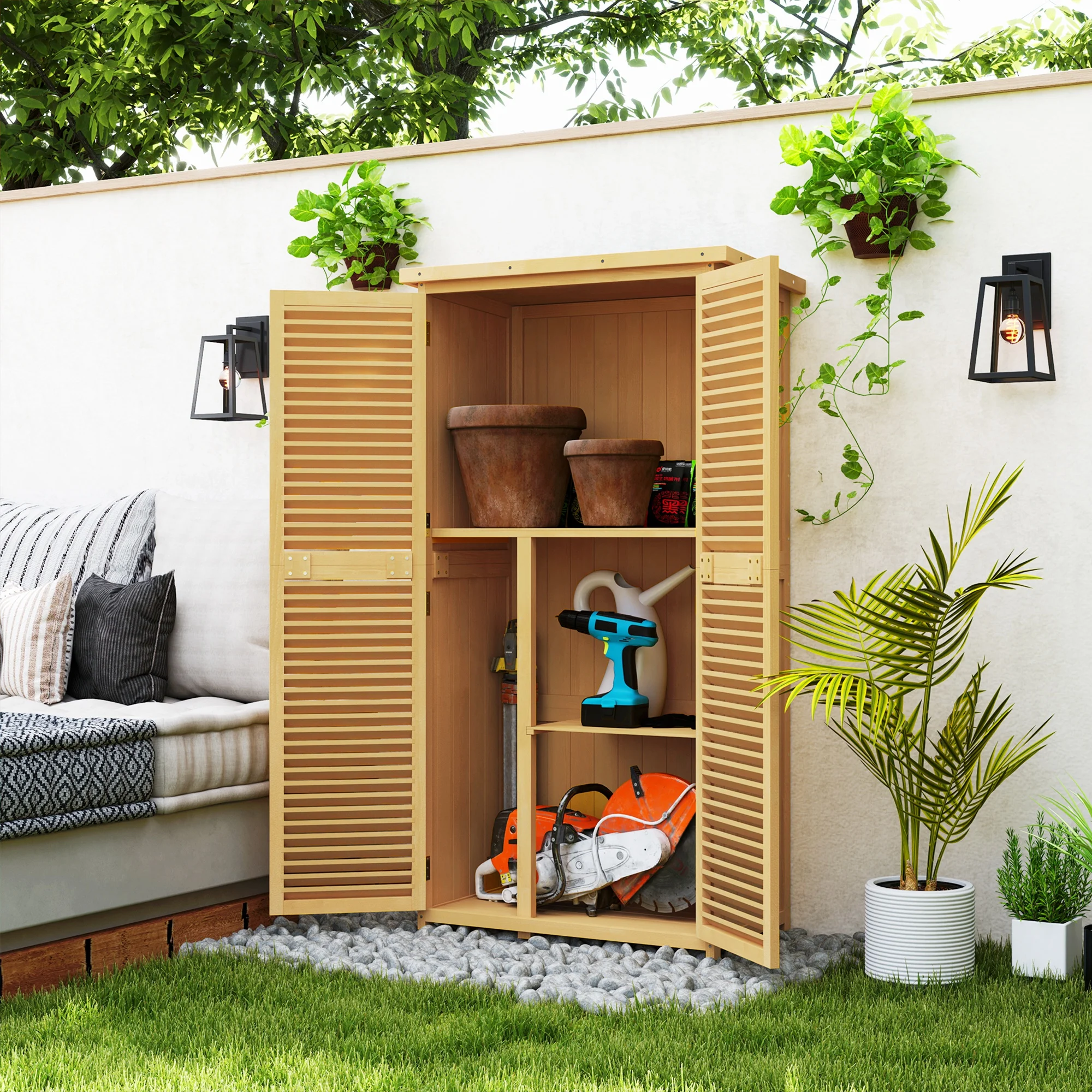 Outsunny Armoire de jardin hangar à outils en bois 4 ventilateurs à main avec toit d'asphalte Jaune clair