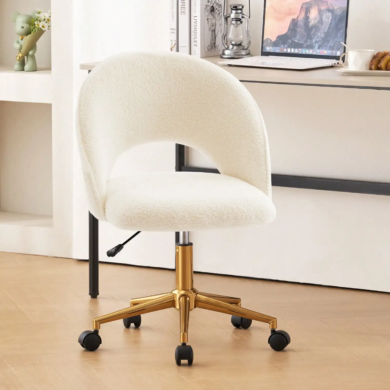 Fumahaus White Desk Chair With Wheels Modern Faux Sherpa Upholstered Vanity Chair With Hallow Back Luxurious Crisscross Chair With Golden Crossed Legs Swivel Adjustable Office Chair For Makeup Room Living Room Bedroom