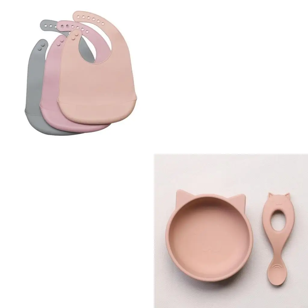 

Waterproof Soft Baby Silicone Bibs Spoon Bowl Set Kids Girl Boy Adjustable Children Bib Baby Lunch Feeding Eating L8RB