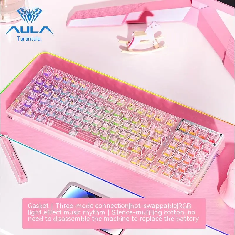 Aula F98 Tri-mode Customized Transparent Pink Mechanical Keyboard Esports Gasket Structure Customized Hot Swap Rgb Wired 98 Keys