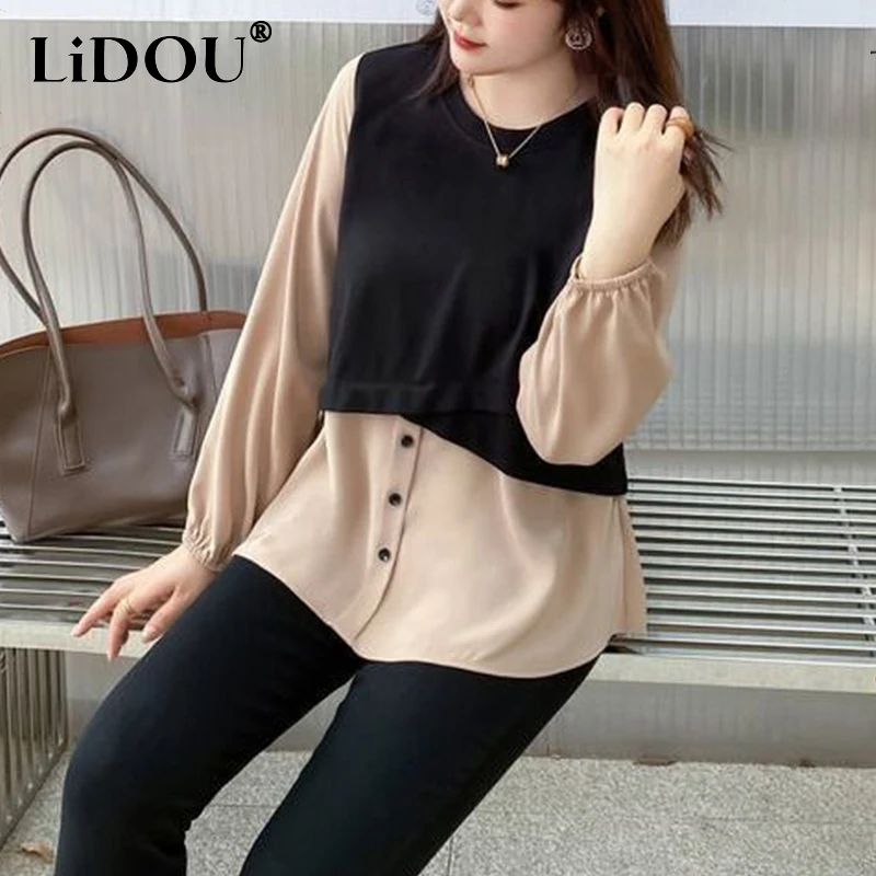 2023 New Autumn Korean Fashion Vintage Neat Capable Sven Intellectual Casual Elegant Fashion Shirt Patchwork Loose Shirt Women