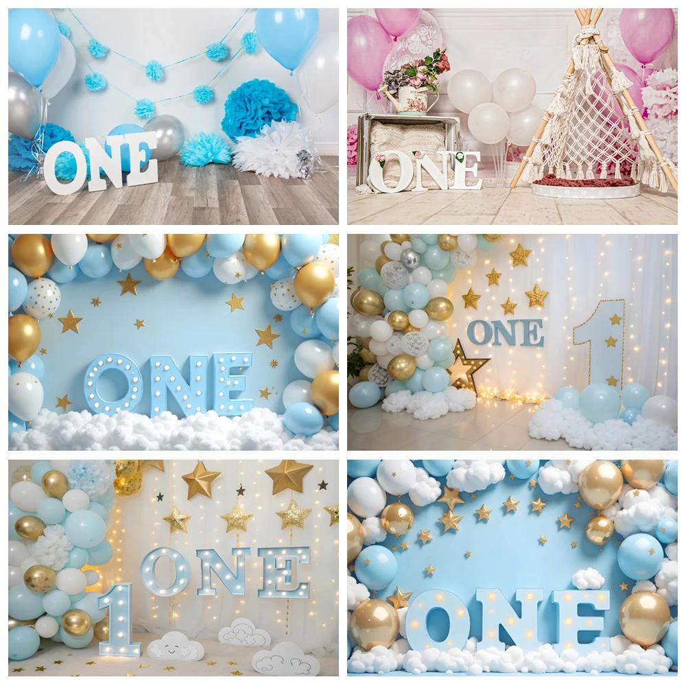 

Boy Girls 1st Birthday Backdrop for Photography Balloon Flower Newborn Baby One First Birthday Party Cake Smash Photo Background
