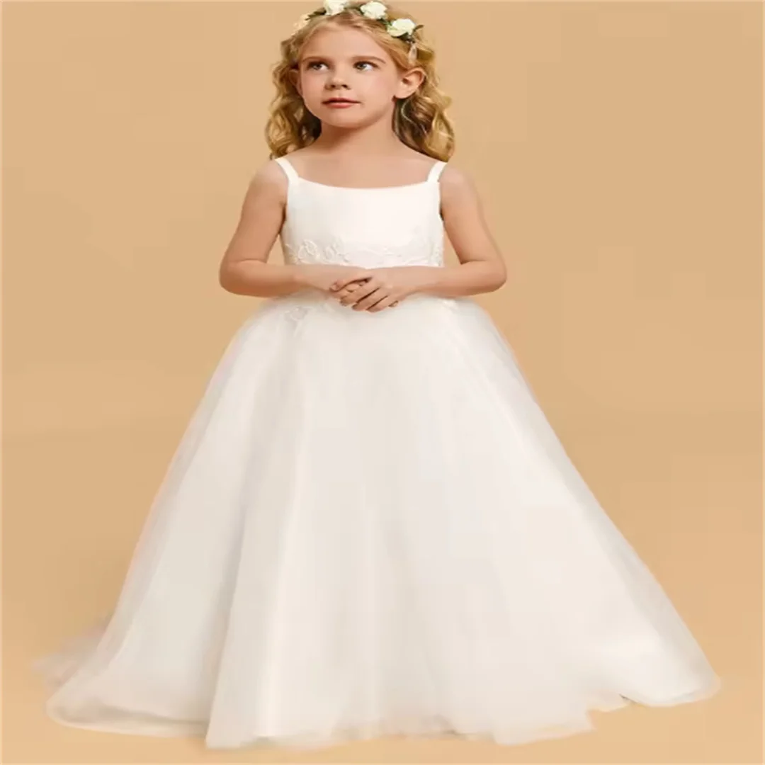 

Girls Suspender Tail Lace Wedding Dress Junior Bridesmaid Dress Birthday Princess Dress Children's Elegant Holiday Dress/Custom