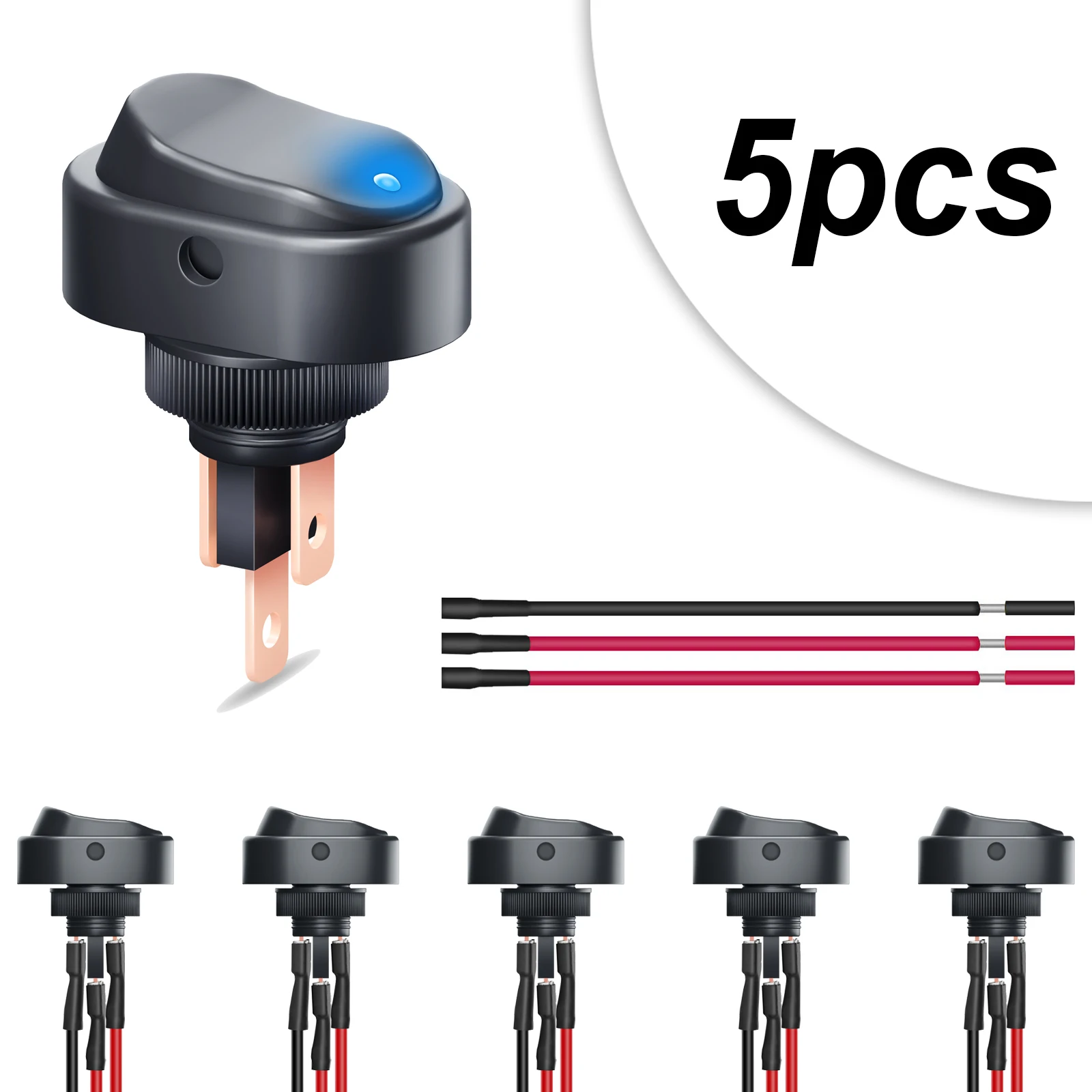 

5Pcs LED Lighted Oval Shaped Rocker Switch 12V Toggle SPST On-Off Blue Round Dot Switch With Jump Wire for Car Boat Marine