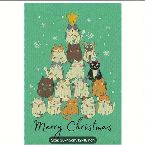Festive Cat Christmas Tree Garden Flag-Double-Sided-12x18in-Quality Linen Blend EYY IIX SSL