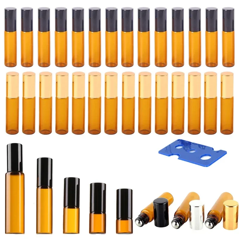 

30Pcs Portable 1/2/3/5ml/10ml Amber Glass Steel Roller Balls Bottles Roll-on Aromatherapy Vials Empty Essential Oil Containers
