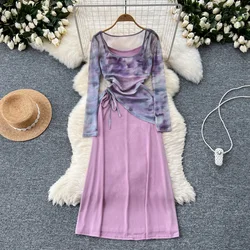 Sexy  Two Pieces Sets Chic Shirring mesh print top with High Waist summer slip Skirt Casual Beach Vacation Sets