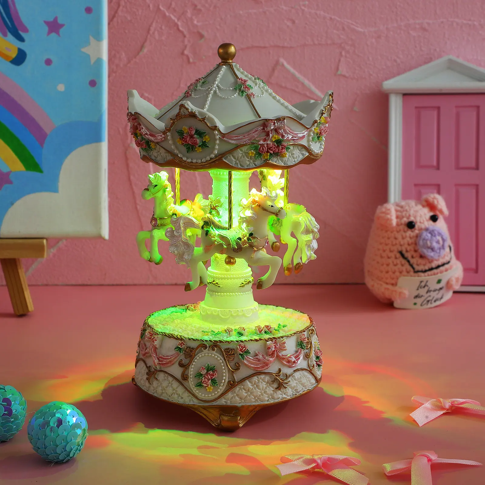 Rotating Music Box Carousel for Retro Vintage Style Carved Horse Gentle Light Display Mechanical Windup Desktop