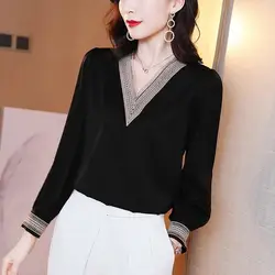 Frühling neue Temperament Patchwork Chiffon Shirt Tops Langarm V-Ausschnitt einfarbige Bluse elegante Mode Frauen kleidung