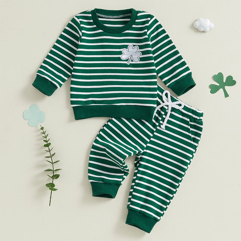 Pudcoco Infant Baby Boy Irish Day Outfit Sets Long Sleeve Clover Embroidery Tops Drawstring Pants Sets 0-3T