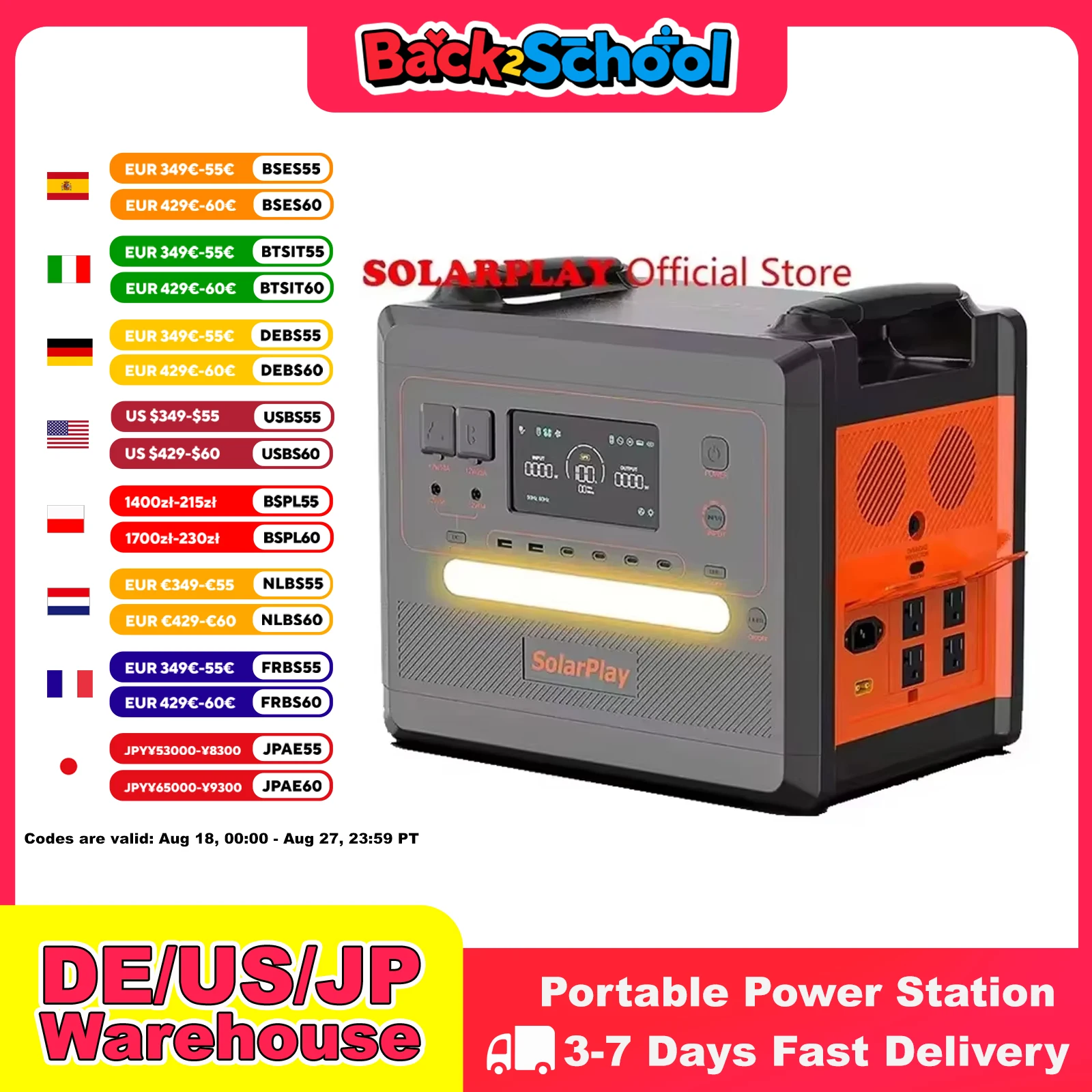 Estación de energía portátil SOLARPLAY, generador solar de 2500W/2300Wh con 4 salidas de CA (pico de 4800W), energía de emergencia de gran capacidad