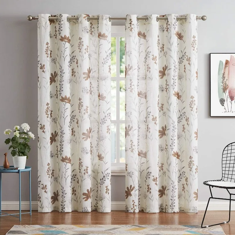 

Printed Sheer Curtains Linen Textured for Living Room Floral Leaf Design Farmhouse Style Window Panel Drapes Set Grommet