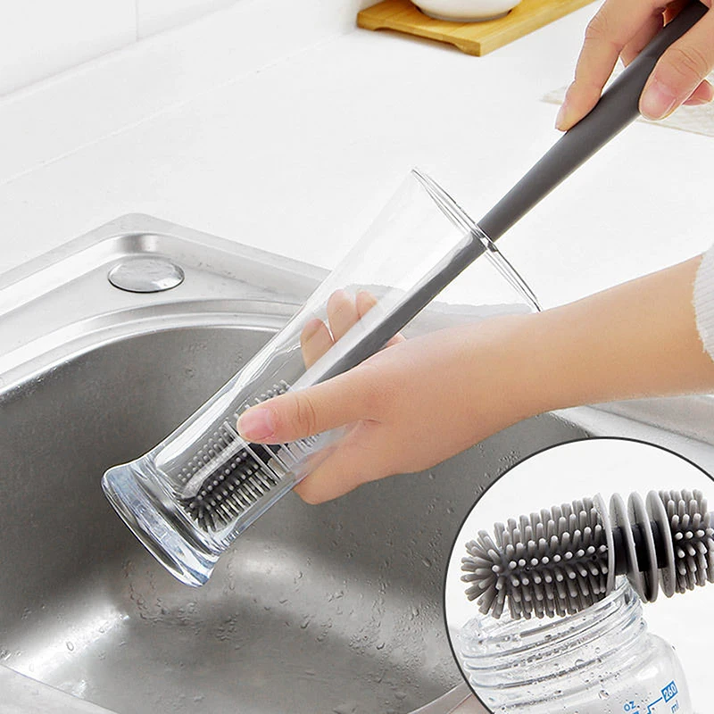 Silicone Cup Brush Milk Bottle Cleaning Brush Long Handle Water Bottles Cleaner Glass Cup Cleaning Brush Kitchen Cleaning Tools