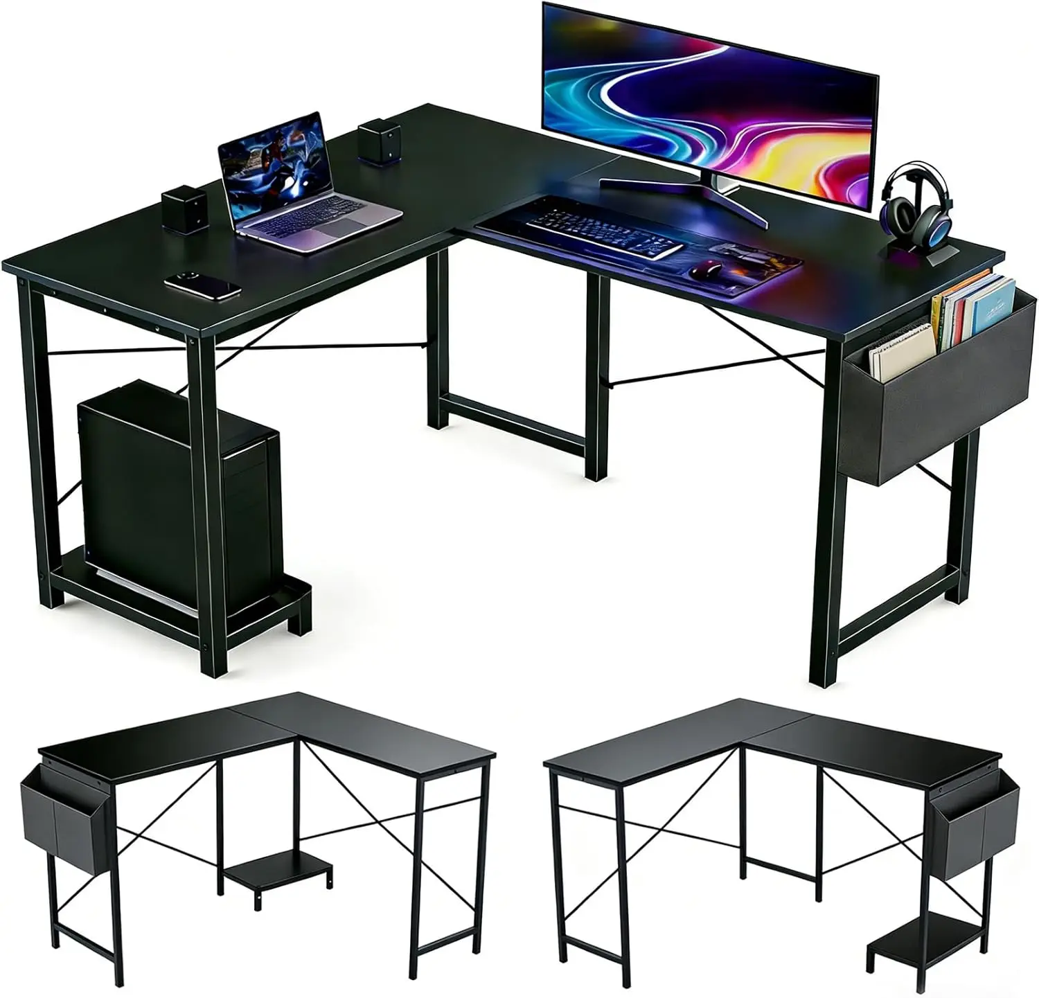 

50 Inch Reversible L-Shaped Computer Desk with CPU Stand & Storage Bag, Sturdy Metal Frame for Home Office Gaming