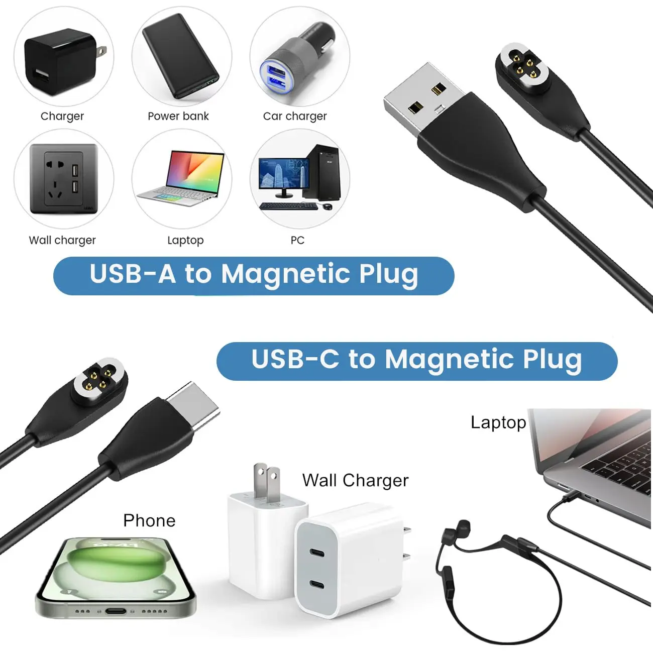 Charging Cable for Shokz OpenSwim Pro Bone Conduction Headphone USB/Type-C to Magnetic Charger Cords for Aftershokz S710 Headset view 3