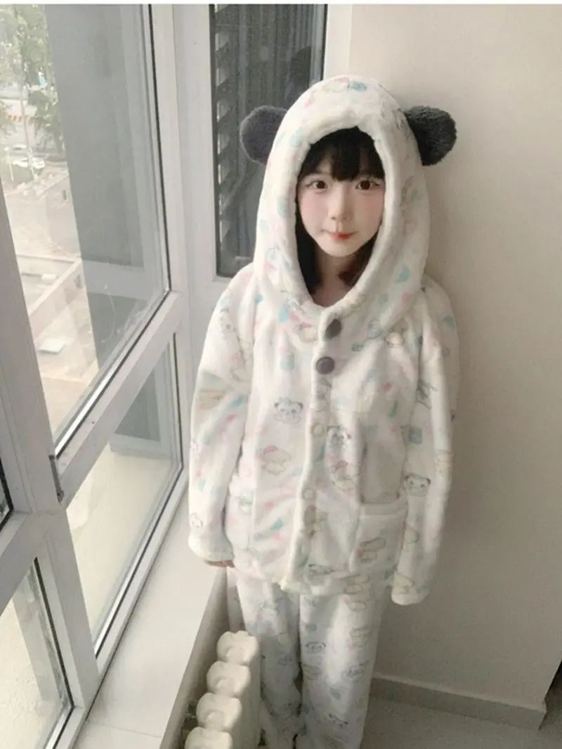

Japan New Winter Coral Velvet Pudding Panda Suit Plus Velvet Thickened Warm Hooded Pajamas For Home Wear