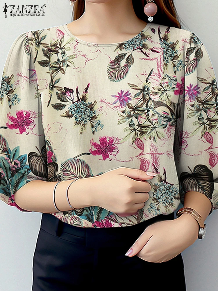 

ZANZEA женские хлопковые и льняные блузки с цветочным принтом, осень 2022, повседневная блузка с круглым вырезом и рукавами 3/4, повседневная одежда, топы, S-3XL