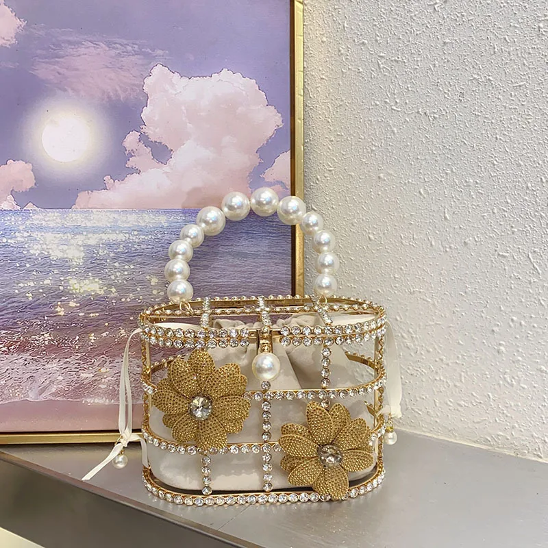 

Niche Design Evening Bag For Women Floral Chain Shoulder Crossbody Bags Pearl Hollow Out Party Wedding Clutch Elegant Dinner Bag