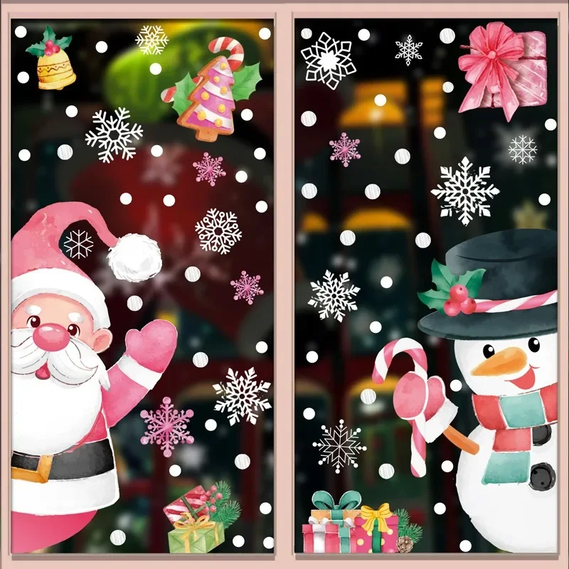 Pink Santa Claus Christmas Stickers Cartoon Snowman Gingerbread Man Window Stickers 2024 Xmas Tree House Static Mirror Sticker