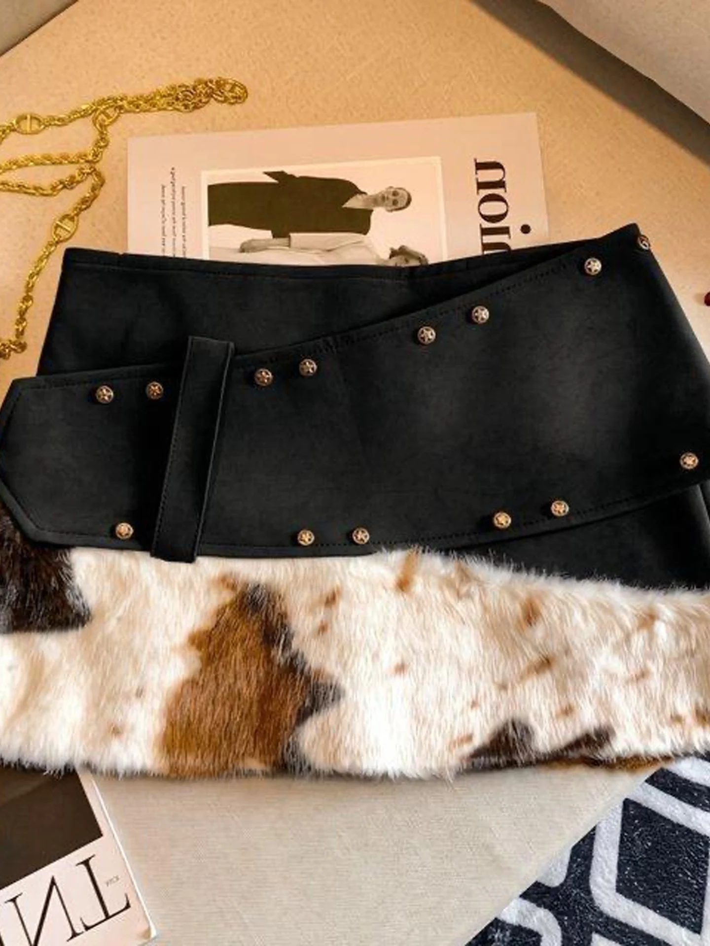 Trendy Plaid PU Skirt Women's High Waist  Skirt Fashionable American Style Bicolor Patchwork Cow Patterned Skirt
