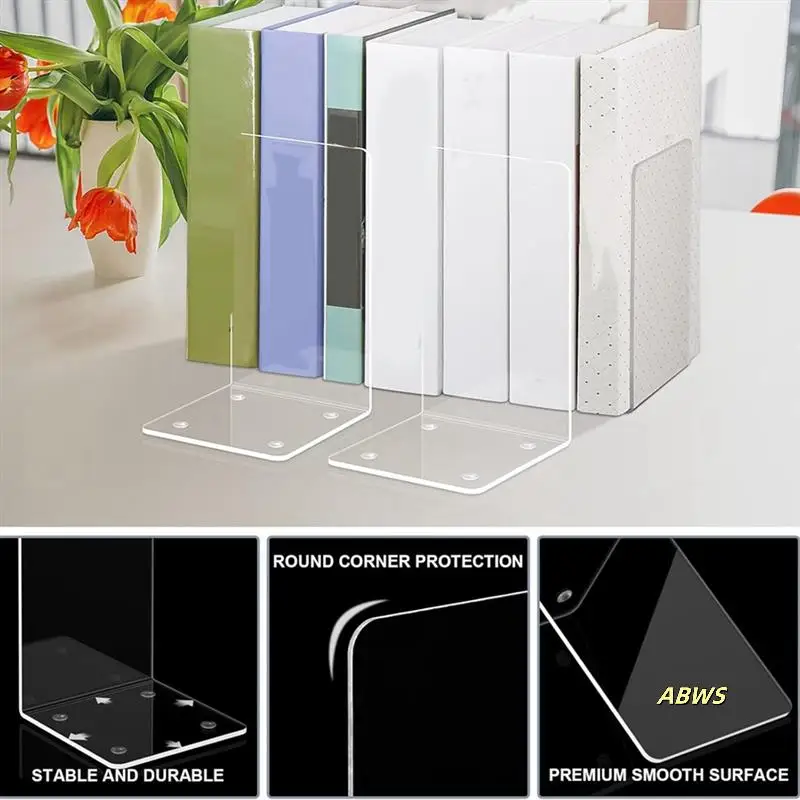 

L-Shaped Transparent Acrylic Bookends Stand Bookshelf Desktop Decorative Storage Rack Bookend Book Holder