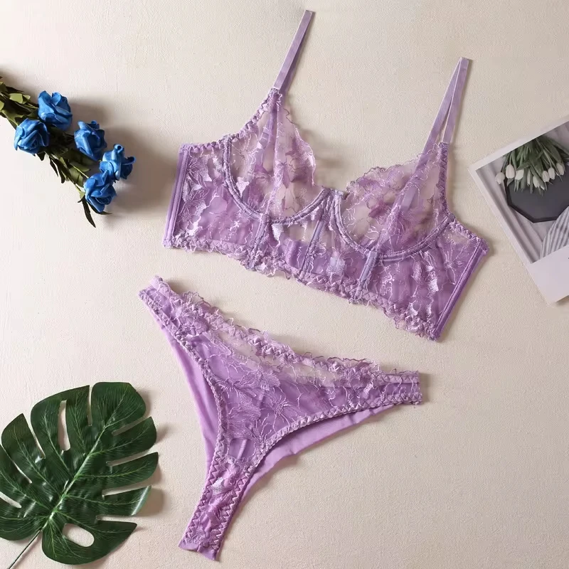 Bikini Embroidered Mesh Fishbone Underwire Camisole Low-Cut Triangle Panties Sexy Lingerie Set