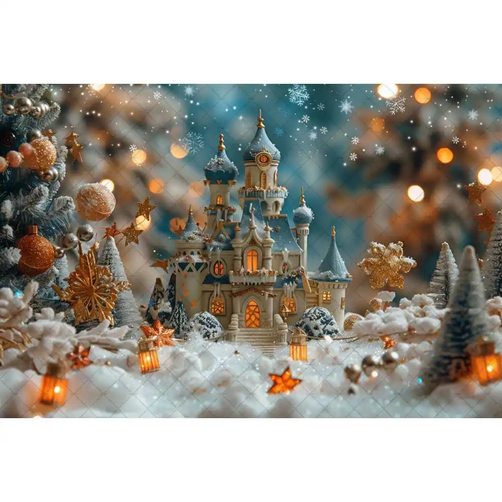 Wesołych Świąt Ice Snow Castle Moon Gift Lights Kid Adult Family Party Backdrop Custom Kids Room Photo Poster Decor Background