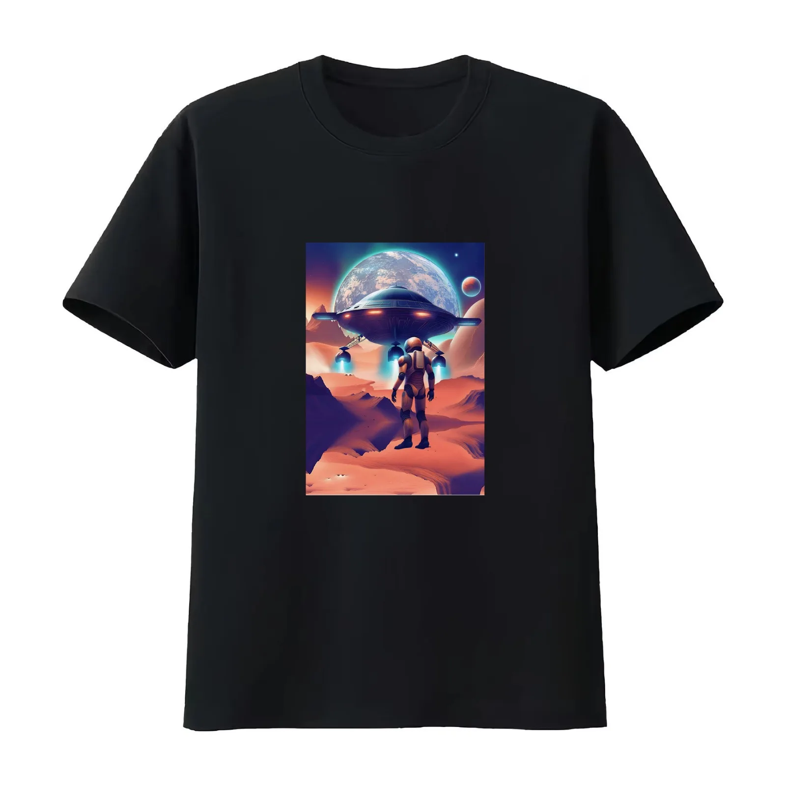 Humanoid waiting for the ship to land T-Shirt Summer Casual Cotton Tee Oversized Streetwear Tops Vintage Graphic Print