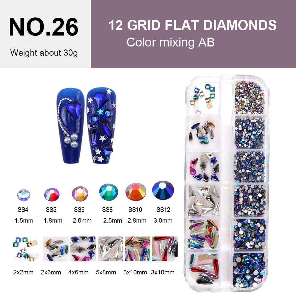 

12 Grids Glitter Mix AB Crystal Rhinestones Mix Shapes Cosmic Nail Art Accessories Diy Decorations Nail Charms Free Shipping